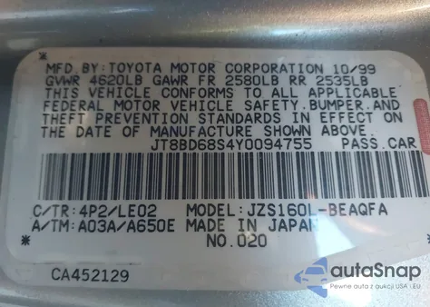 2000 Lexus Gs 300 from USA, damaged, VIN JT8BD68S4Y0094755